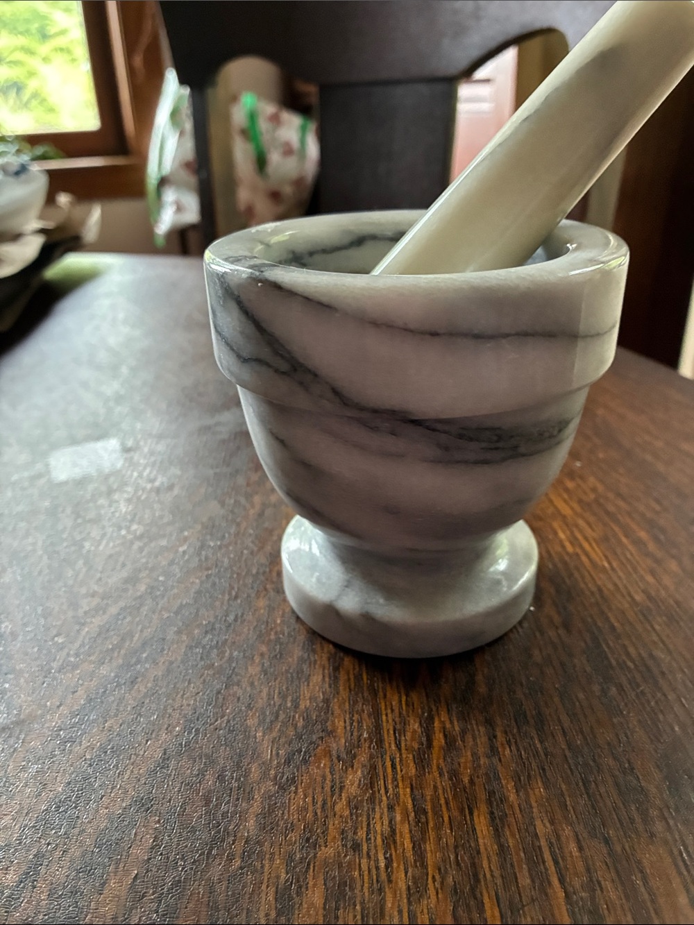 Marble Mortar and Pestle - White with Gray Veining - Picture 2 of 5